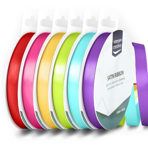 Vaessen Creative Satin Ribbon 0.35 x 32.8 ft (9 mm x 10 m) - Double-Sided Thin Ribbons for Crafting and Gift Wrapping - Rainbow Colours - 6 Pieces