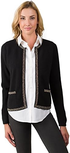 by Jennie LIU Women's 100% Cashmere Long Sleeve Lace-Trim Crop Cardigan