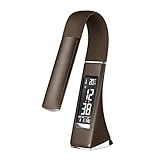 Eplze Modern LED Table Lamp Leather Texture Desk Lamp with Calendar Temperature Alarm Clock Eye Care 3 Levels of Brightness Touch-sensitive Night Light (Brown)