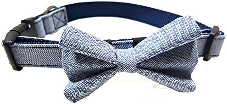 Bow Tie Dog Collar — For Dogs & Puppies — Fashion Colors & Patterns (Blue Herringbone, Medium)