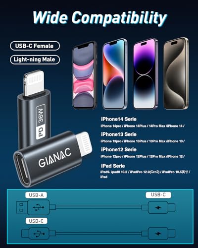 GIANAC USB C to Lightning Adapter (Pack of 2), Lightning USB C Adapter 36 W Fast Charging for iPhone 14 13 12 11 Pro Max, iPad Pro/Air 5/Mini 6, iPod, Not for OTG/Audio