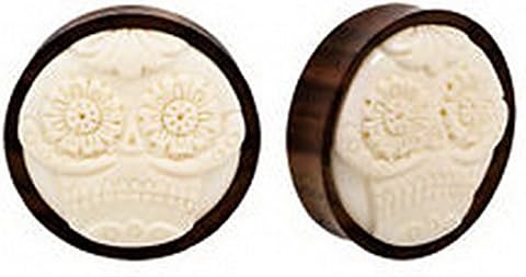 Blazers Jewelry 1985 PAIR of ORGANIC Carved Horn Skull Bone Flower Wood Double Flared Ears Flesh Plugs 1 1/4" (32mm)