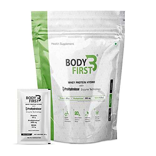 BodyFirst Whey Protein Concentrate with ProHydrolase Digestive Enzyme Technology, 23g Protein, 5.3g BCAA, Kesar Badam Flavour, 32 Sachets/Pack, 1.02kg
