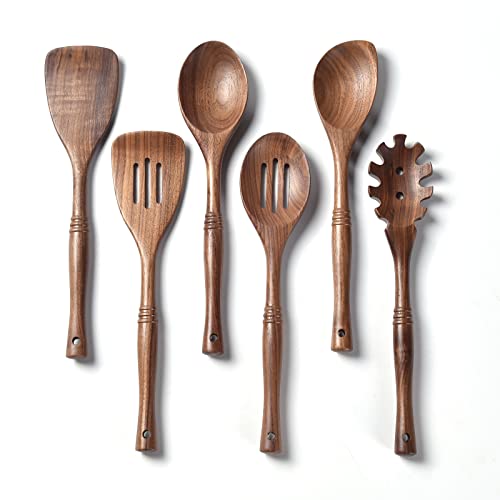 Gudamaye 12 inch Black Walnut Wooden Utensils - 6 Pcs Crafting Spoon Set for Cooking