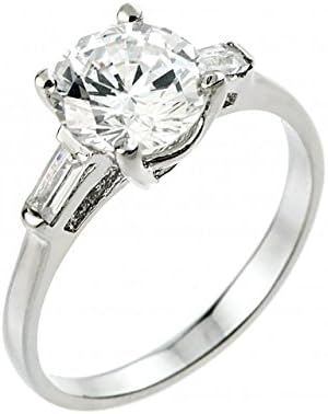 925 Sterling Silver Round and Baguette CZ 3-Stone Engagement Ring