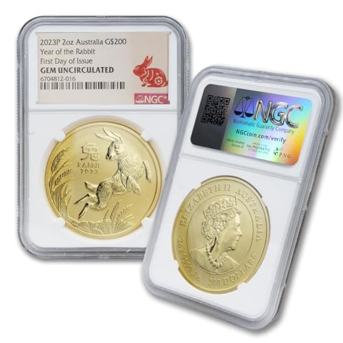 2023 P 2 oz Gold Australian Lunar Series III Year of the Rabbit Coin Gem Uncirculated (First Day of Issue - Lunar Label) 24K $200 NGC GEMUNC