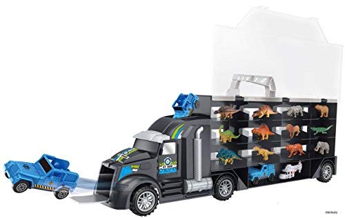 Memtes Dinosaur and Wild Life Animal Safari Car Carrier Transport Truck Toy (Includes 6 Dinosaurs 6 Animal, Jeep and Helicopter)