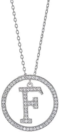 Platinum Plated 925 Sterling Silver Round CZ Block Font Script Alphabet Intial Letter F Within Circle Pendant Necklace