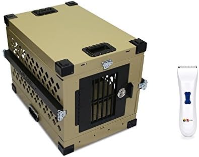 Collapsible Dog Crate Khaki - Medium - IATA 82 Airline Compliant - Powder Coated Aluminum Folding Dog Travel Crate with Handles and Rails and eXtreme Dog Grooming Clippers Bundle