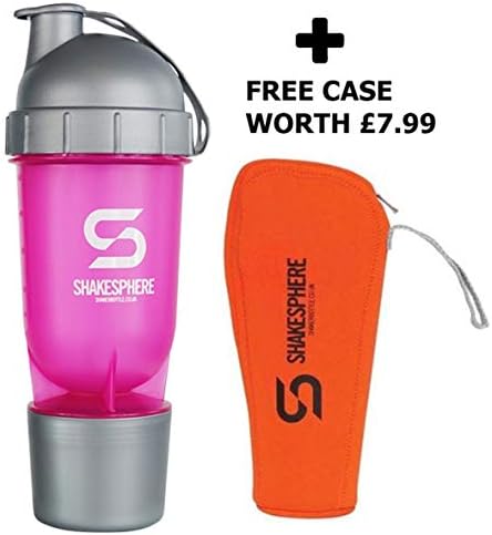 Protein Shaker Bottle 700ml with Storage Compartment - Plus Free Protective Case - ShakeSphere As Seen on Dragon's Den (Pink/Silver)