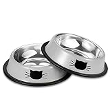 Comsmart Stainless Steel Pet Cat Bowl Puppy Dish Bowl with Cute Cats Painted Non-Skid for Small Dogs Cats (2 Pack) (Grey/Grey)