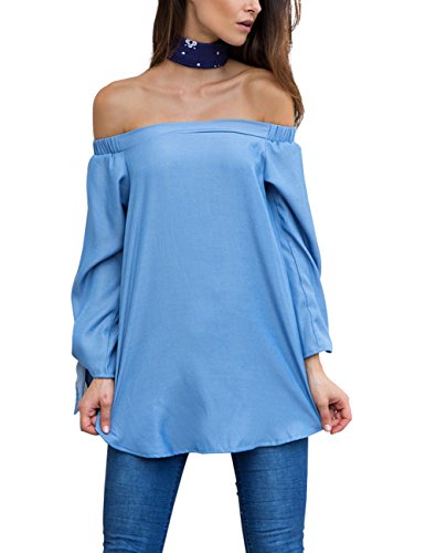 Just Quella Women's Off Shoulder Loose Shirt Blouse 8422 (M, Sky Blue)