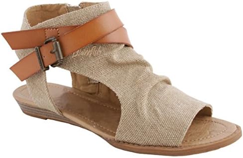 Royou Yiuoer Flat Sandal for Women Canvas Criss Cross Leather Strap Side Zipper Peep Toe Wedge Summer Shoes