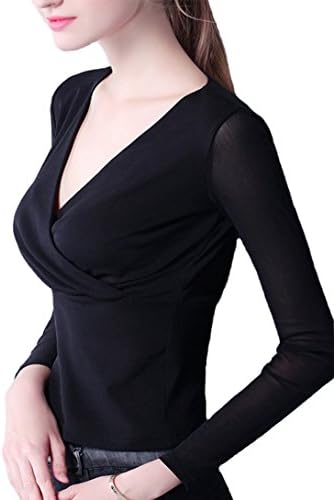 YeeSure Women's Long sleeves Top Deep V-Neck Wrap Cross Front Mesh Shirt Blouse TS09 (6-8, Black)