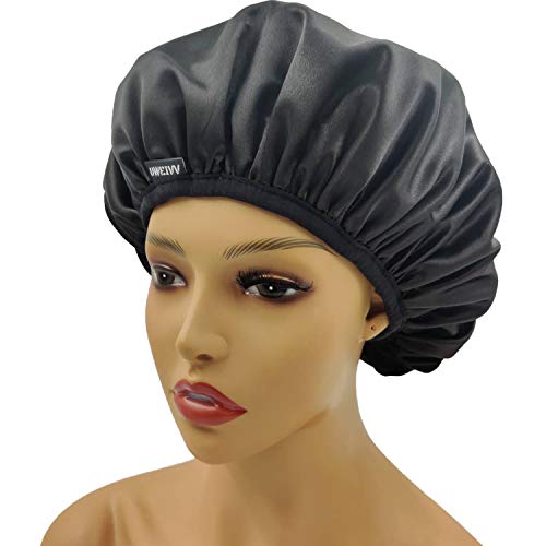 UWEIVV Black Shower Cap Triple Layer Terry Cloth Lined Shower Cap for