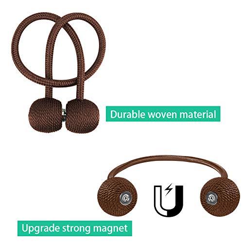 YOBAYE Magnetic Curtain Tiebacks, 4 Pack Drape Tie Backs Decorative Curtain Rope Holdbacks for Home Kitchen Office Window Drapes, No Drilling & Holes Required,Coffee