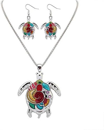 GSM Accessories Womens Painted Enamel Sea Turtle Alloy Necklace Dangle Earrings Jewelry Sets NK1129-Silver