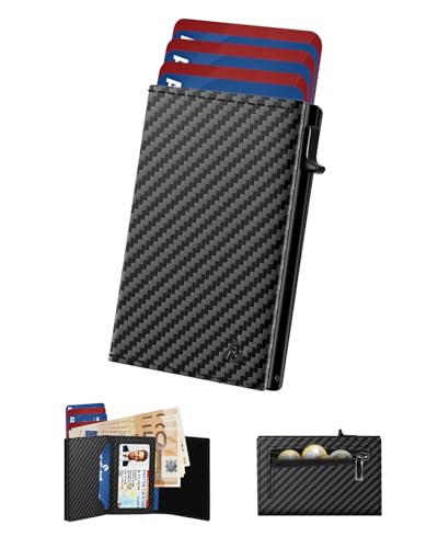 Men's Wallet, Card Holder with Magnetic Closure & Coin Pocket & RFID Blocking, Small Pop Up Carbon Fiber Leather Wallets for 11 Cards, Coin Purse with ID Window