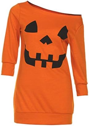 Quistal Women Halloween Sweatshirt Pullover Pumpkin Smile Face Print Off Shoulder Long Sleeve Dress Tops Blouse