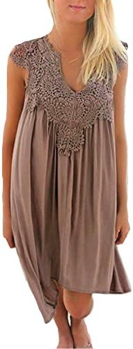 Amstt Women's Sleeveless Casual V neck Loose Solid Sun Beach Chiffon Lace Flared Midi Dress (L, Brown)