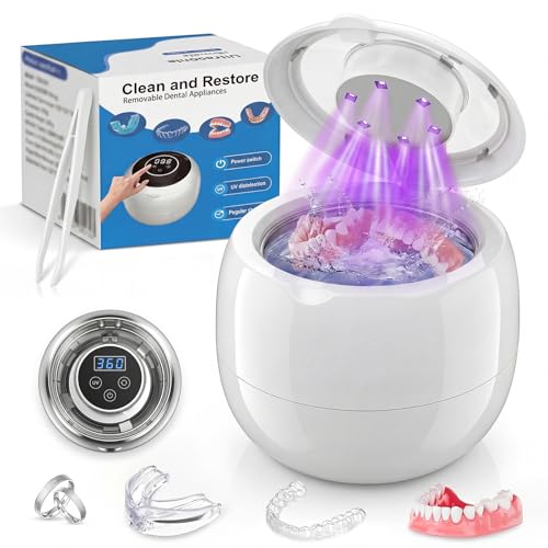Pulitore ultrasuoni, 45000Hz con 6 luci UV, ultrasonic cleaner ricaricabile con 4 modalità. Per retenitori, protesi, brackets, allineatori, impianti e gioielli in argento
