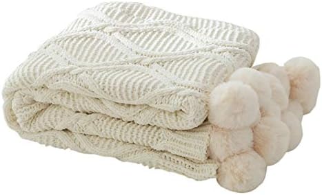 RuiJing Luxury Chenille Knitted Blanket with Pompoms Fringe Solid Soft Blanket Lightweight Reversible Throw Blanket for Home Decorative Décor Bed Sofa Couch Chair(51"x63",White)