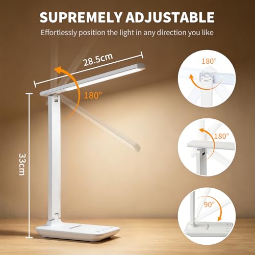 YAMYONE LED Desk Lamp with USB Port, Touch Control, Eye-Protection Light, 5 Color Modes and 5 Brightness Levels, Ideal for Bedroom, Study and Nightstand (White)
