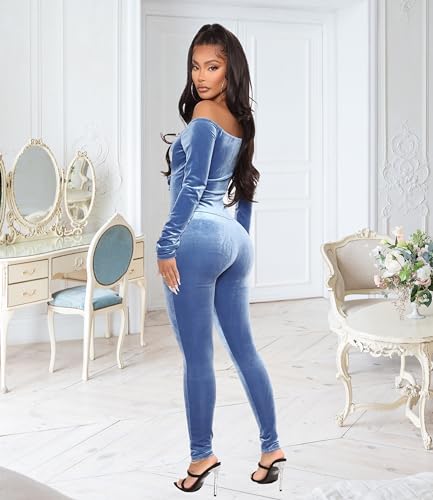 VOIKERDR LONG SLEEVE JUMPSUIT FOR WOMEN VELVET JUMPSUIT OFF THE SHOULDER BLUE JUMPSUITS HIGH WAIST SEXY BODYCON ROMPER