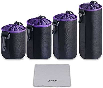 Camera Lens Pouches Bags (4 Pack) -Kanoni 5mm Thick Protective Neoprene Lens Pouch Case Set of Soft Plush Lining With a Hook for DSLR Camera Lens(Canon, Nikon, Pentax, Sony, etc. Black)
