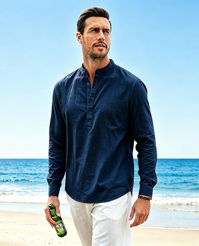 Cegerne Men's Linen Shirt Long Sleeve Shirt Summer Lightweight Breathable Henley Casual for Vacation Beach