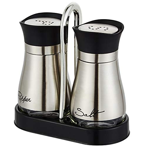 Salt and Pepper shakers Set with Tray, Stainless Steel with Glass Bottle (Set of 2)