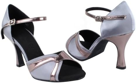 Very Fine Shoes Ladies' Latin, Rhythm &amp; Salsa Salsera Series SERA3710 (4 COLORS) 2.5" (7.5, Grey Satin &amp; Pewter Trim)