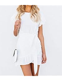 Bluesarey Vestido de manga corta con volantes, para mujer, estilo informal, para verano, con cinturones de cintura, mini vestidos