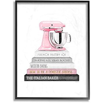 The Stupell Home Decor Grey Black Fashion Bookstack with Pink Mixer Framed Giclee Texturized Art, 24 x 30, Multi-Color