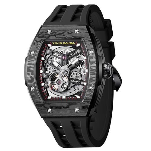 TSAR BOMBA Men's Automatic Watch Skeleton Watch Luxury Barrel Mechanical Watch 50m Waterproof Analog Watch