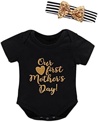 Necoip 2 Pcs Mother's Day Infant Baby Girls Letter Romper Headbands Outfits Set (12M)