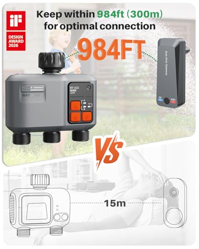 Smart WiFi Water Timer 3-Zone, Sprinkler Timer with with 984 Feet RF Gateway, 3 Outlets Hose Timer with Rain Delay, Wireless Irrigation Timer with Automatic/Manual for Garden/Lawn