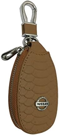 New 1pcs Light Brown Leather Eye Drop Shape Car Key Wallet Zipper Case Keychain Coin Holder Metal Hook Bag Collection For Nissan Car Vehicle Auto Lover