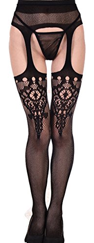 Women Sexy Mesh Garter Belt Pantyhose Leggings Elastic Tight Fishnet Thigh-High Lingerie Stockings (Black-11)