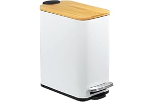 Small Trash Can with Bamboo Lid Soft Close, 5L Pedal Bin, Rectangular Garbage Can with Inner Bucket for Bathroom, Bedroom, Po