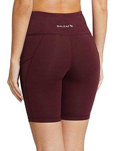 BALEAF Women's 8" High Waist Tummy Control Workout Yoga Shorts Side Pockets Wine Red Size M