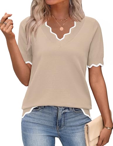 Zeagoo Cute Summer Tops Lightweight Short Sleeve V Neck Pullover Sweaters at Amazon