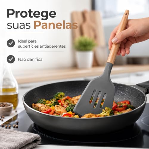 Kit Utensílios Cozinha Silicone 12 Peças com Suporte – Cabo Madeira Premium, Não Risca, Resistente ao Calor