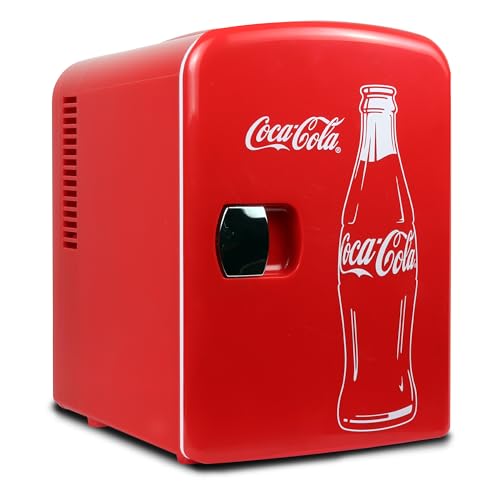 Coca Cola Classic Mini Fridge - Refrigerator for Bedroom Skincare Office, Portable Table Top Beverage Cooler, 12V DC/220V AC Refrigerador For Drinks, Soda, Wine, Use In Car, Dorm, Patio, 6 Can