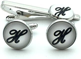 Mens' Personalized Letter Set of Cufflinks and Tie Clip Silver Suit Initial Cuff Link with Giftbox White H