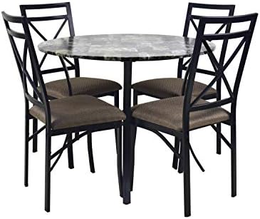 NBLiner Contemporary Style 5 Piece Casual Dining Set with Round Faux Marble Table Top and 4 Cushioned Brown Chairs