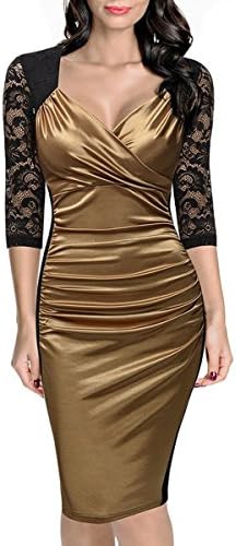 VENFLON Women 3/4 Lace Sleeve Deep V-Neck Sexy Slimming Stitching Pencil Dress For Party Business 0010-AYS(XL, Gold)