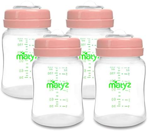 Matyz 4 PCS Wide Neck Breast Milk Collection and Storage Bottles (6oz Each, Pink) - Can Be Used as a Baby Bottle with the Bonus Nipples - Leak Proof Design - Use One Bottle to Pump, Store & Feed