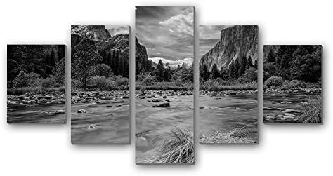 ヨセミテ国立公園の川 自然 白黒 5枚 パネル アートパネル 現代壁の絵 壁掛け部屋飾り背景絵画 キャンバス写真 壁アートしゃしん 木枠付きの完成品 装飾 軽くて取り付けやすい