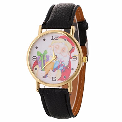 SMTSMT Women's Santa Watches Claus Creative Pattern Quartz Watch Leather Strap Belt Table Watch (Black)